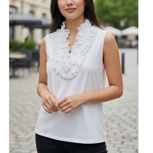 Anna Meyer Paris Ruffle Bib Collar Women's 46 Top Blouse Cream Off White Stretch